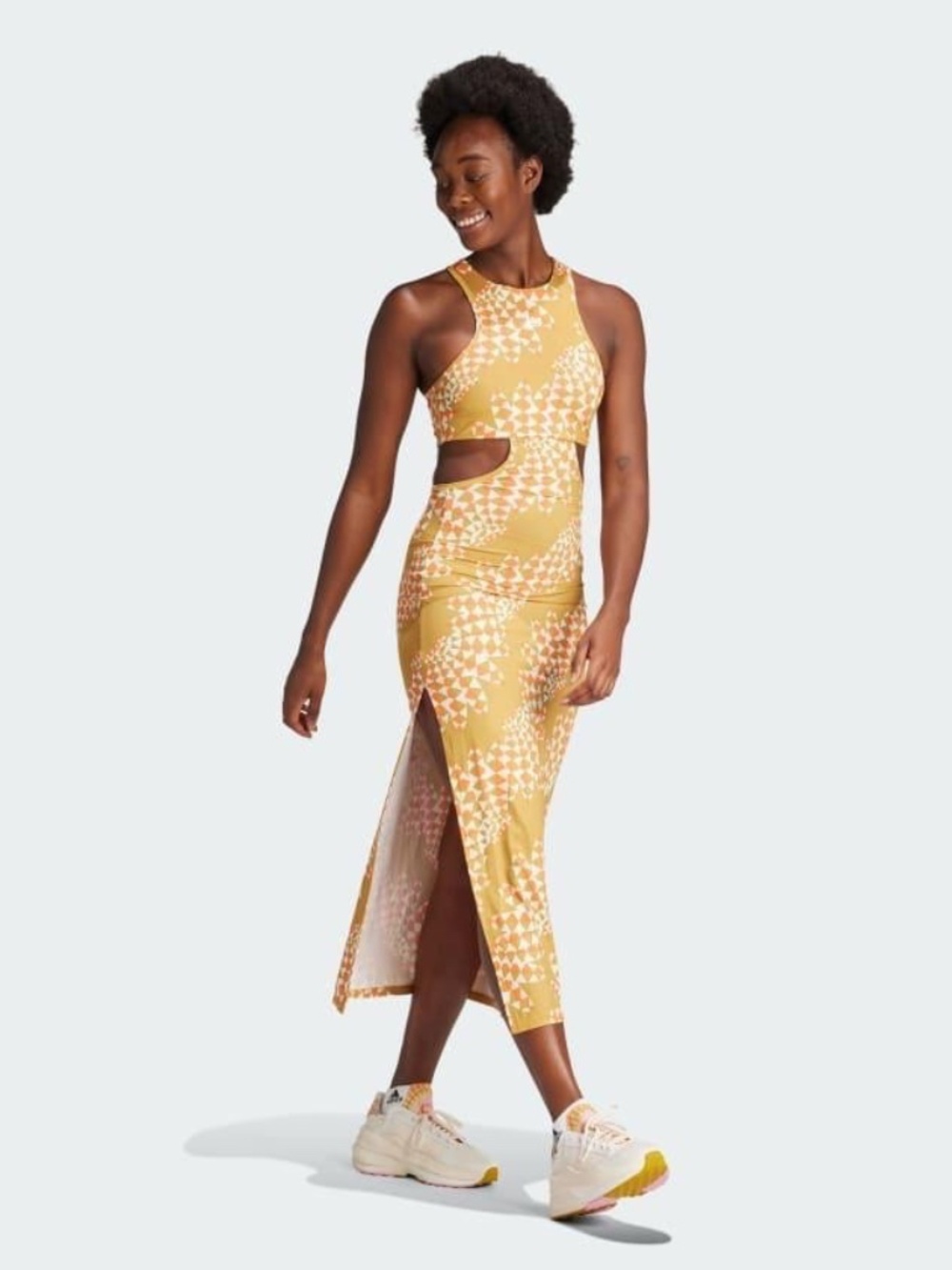 adidas Mustard Yellow Patterned Maxi Dress with Side Cutout